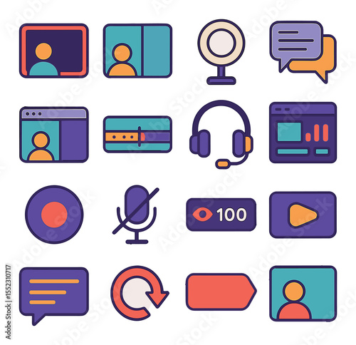 Reaction video setup icons in modern flat vector in minimalistic vibrant color design: facecam overlay frame, split-screen layout, reaction webcam light, pop-out chat bubble, screen capture
