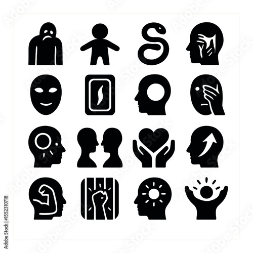 Shadow work tarot layout icons in silhouette solid black-filled shapes with clean, simple : repressed fear card, inner child card, toxic pattern card, unresolved trauma card, masked self card,