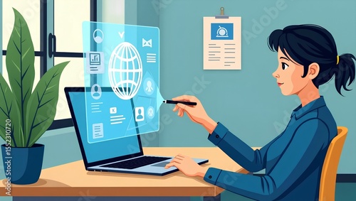 Digital learning scene in eco-friendly classroom with holographic educational UI—ideal for edtech startups, virtual training, or sustainable education visuals