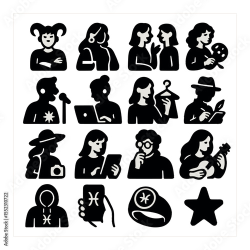 Zodiac characters as modern personas icons in silhouette solid black-filled shapes with clean, simple : Aries bold trendsetter, Taurus grounded stylist, Gemini chatty influencer, Cancer cozy