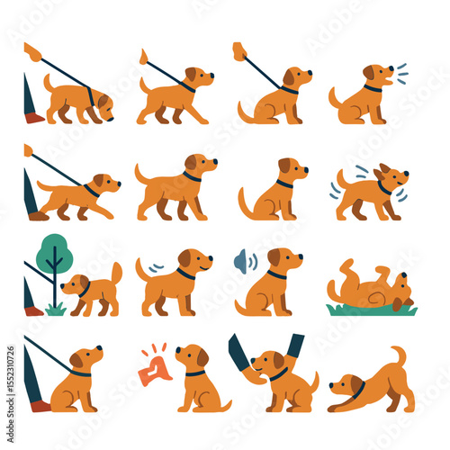 Dog behavior on walks icons in modern flat vector in minimalistic vibrant color design: dog sniffing the ground, dog stopping suddenly, dog chasing squirrel, dog barking excitedly, dog pulling