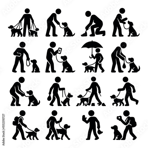 Dog walker in action icons in silhouette solid black-filled shapes with clean, simple : walker holding multiple leashes, walker bending to pet a dog, walker tying shoe with leash in hand,