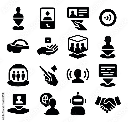 Holographic meeting technology icons in silhouette solid black-filled shapes with clean, simple : hologram projector pod, 3D call interface, interactive floating screen, voice command ring, AR