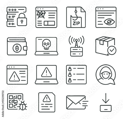 Cybercrime scene elements icons in minimalistic line art : breached server icon, dark web marketplace view, phishing kit zip, hidden forum post, crypto wallet address, ransomware splash screen,