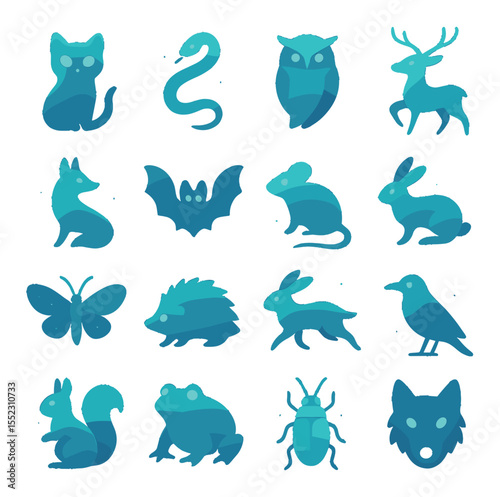 Spiritual ethereal familiars icons in modern flat vector in minimalistic vibrant color design: ghostly cat with glow, translucent snake, misty owl, floating deer spirit, astral fox, spectral