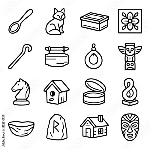 Types of carved objects icons in minimalistic line art : wooden spoon, detailed animal figurine, decorative box, floral plaque, carved walking stick, name sign board, wooden pendant, totem pole