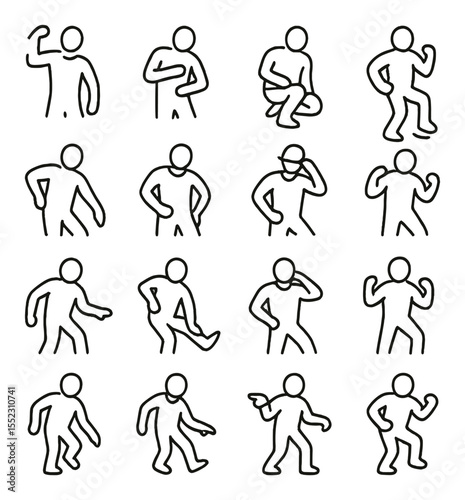 Hip-hop free poses icons in minimalistic line art : arm wave, chest pop, knee drop, toe spin, shoulder hit, elbow groove, torso isolation, heel tap, lean and snap, hand glide, hat trick move,