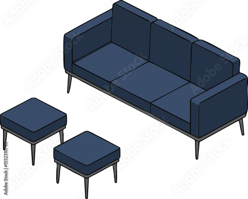 Modern navy blue sofa with two matching ottomans in isometric view for interior design and living room decoration 