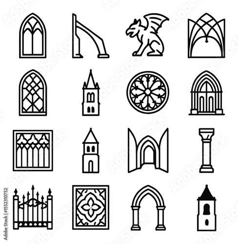 Gothic architecture icons in minimalistic line art : pointed arch window, flying buttress, gargoyle figure, ribbed vault ceiling, stained glass panel, spire tower, rose window, cathedral