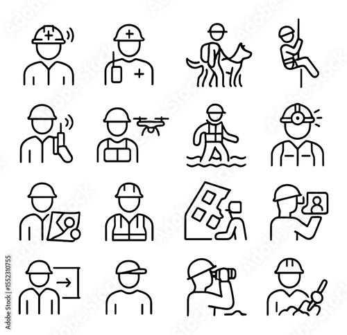 Search and rescue personnel roles icons in minimalistic line art : team leader icon, medic on scene, search dog handler, rope rescue tech, radio operator, drone pilot, swiftwater rescuer, night