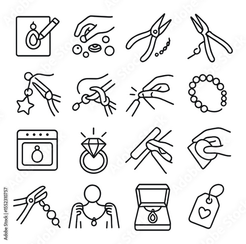 Jewelry making process steps icons in minimalistic line art : sketching jewelry design, choosing beads and wire, cutting chain length, forming wire loops, placing charms, attaching clasp,
