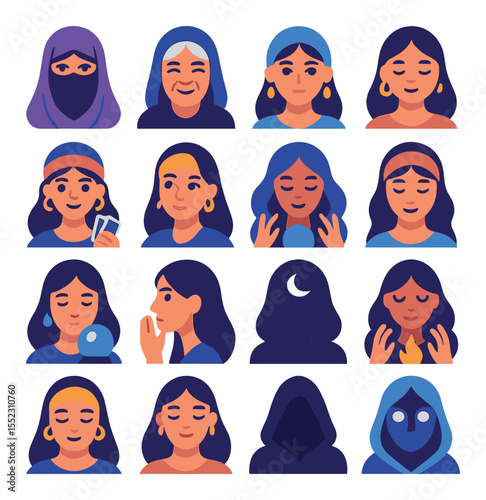 Fortune teller characters and expressions icons in modern flat vector in minimalistic vibrant color design: mysterious seer with veil, elder mystic smile, intense gaze reader, quiet oracle,