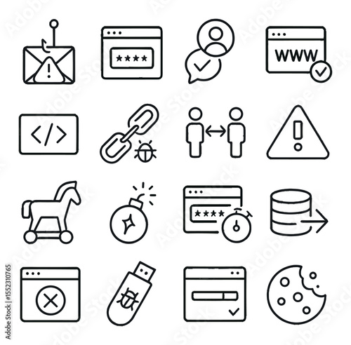 Digital infiltration methods icons in minimalistic line art : phishing email alert, keylogger window, social engineering message, spoofed domain sign, hidden iframe tag, malicious link detector,