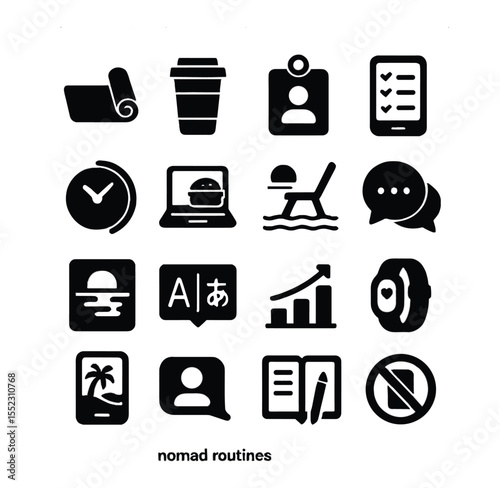 Daily nomad routines icons in silhouette solid black-filled shapes with clean, simple : morning yoga mat, coffee to-go cup, coworking check-in badge, task list app screen, focus timer icon,