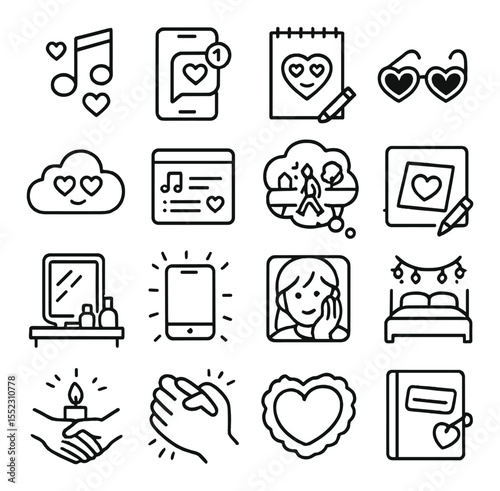 After school daydreams icons in minimalistic line art : music with hearts icon, phone with unread message, sketchpad with crush face, heart-shaped sunglasses, cloud with heart eyes, playlist of