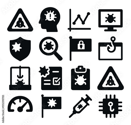 Threat detection systems icons in silhouette solid black-filled shapes with clean, simple : malware signature alert, heuristic scan indicator, anomaly detection graph, sandbox execution screen,