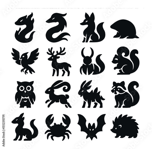 Elemental familiars icons in silhouette solid black-filled shapes with clean, simple : fire salamander, water serpent, air fox, earth mole, lightning crow, frost deer, ember beetle, mist