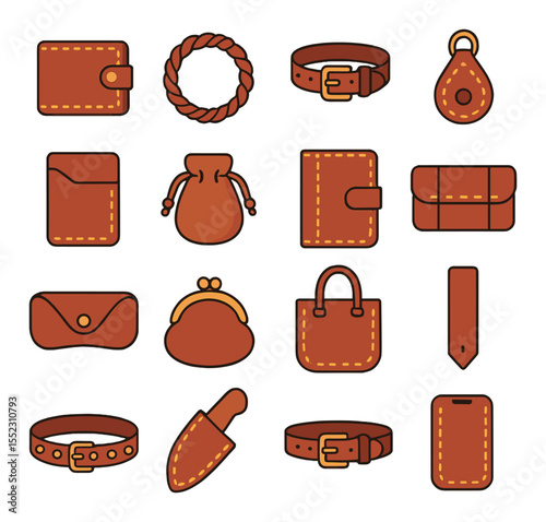 Crafted leather goods icons in modern flat vector in minimalistic vibrant color design: stitched wallet, braided bracelet, custom belt, embossed keychain, cardholder sleeve, leather pouch,