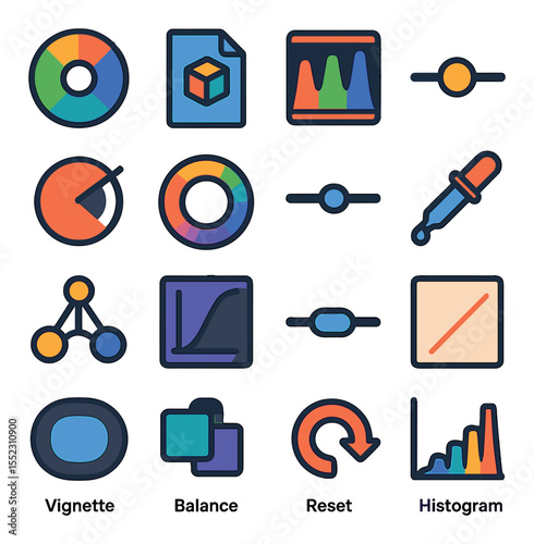 Color grading panel icons in modern flat vector in minimalistic vibrant color design: color wheel dial, LUT loader icon, RGB parade scope, brightness slider, contrast knob, hue shift ring,