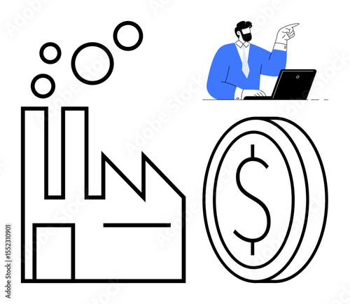 Factory emitting smoke, business professional pointing while working on laptop, and dollar coin symbolize industry, economy, and financial planning. Ideal for business, environment, industry