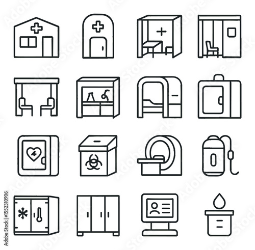 Emergency and medical units icons in minimalistic line art : field clinic module, first aid pod, triage station, vaccination booth, modular waiting area, testing lab unit, patient sleeping bay,