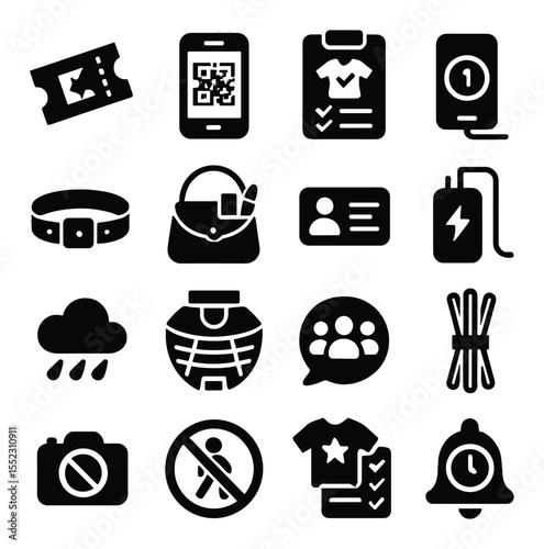 Concert ticket prep icons in silhouette solid black-filled shapes with clean, simple : printed ticket stub, mobile QR pass, outfit checklist, concert countdown app, wristband pass, purse with