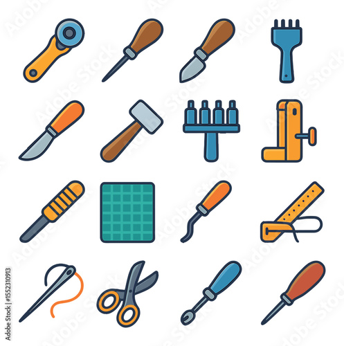 Leather crafting tools icons in modern flat vector in minimalistic vibrant color design: rotary cutter, stitching awl, edge beveler, pricking iron, skiving knife, mallet, hole punch set,