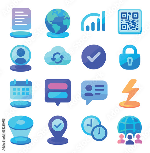 Future meeting logistics icons in modern flat vector in minimalistic vibrant color design: scheduled holo-invite, timezone globe icon, connection stability meter, access QR beacon, identity