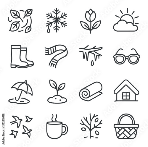Seasonal transitions icons in minimalistic line art : falling leaves swirl, snowflake melting, blooming flower bud, sun behind cloud, spring rain boots, autumn scarf blowing, icy tree branch,