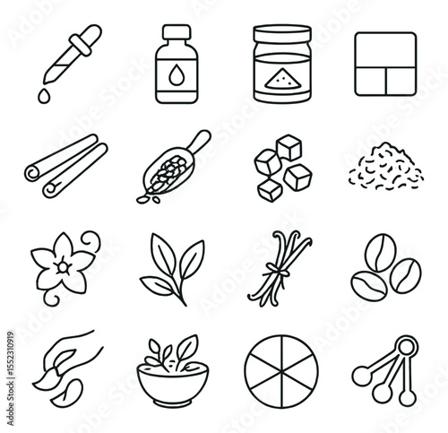 Scent and color additives icons in minimalistic line art : fragrance oil dropper, essential oil bottle, mica powder jar, color block for wax, cinnamon stick for scent, lavender buds scoop, wax
