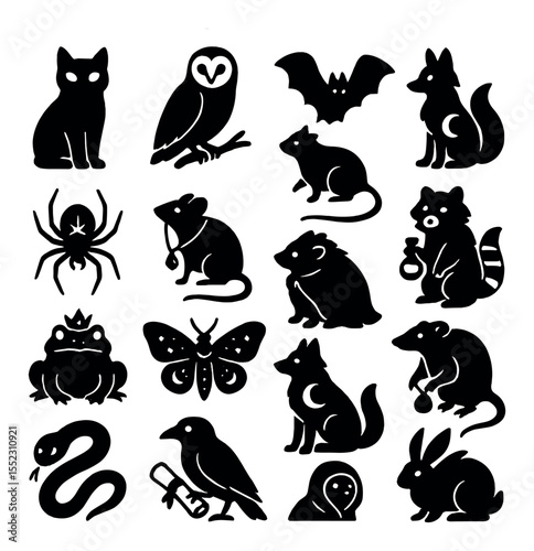 Nocturnal witch familiars icons in silhouette solid black-filled shapes with clean, simple : black cat with glowing eyes, barn owl on branch, bat with open wings, fox with moonlit fur, spider