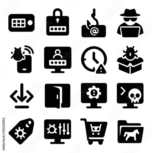 Hacker methods and tools icons in silhouette solid black-filled shapes with clean, simple : keylogger device, brute force attack panel, phishing link alert, man-in-the-middle icon, remote