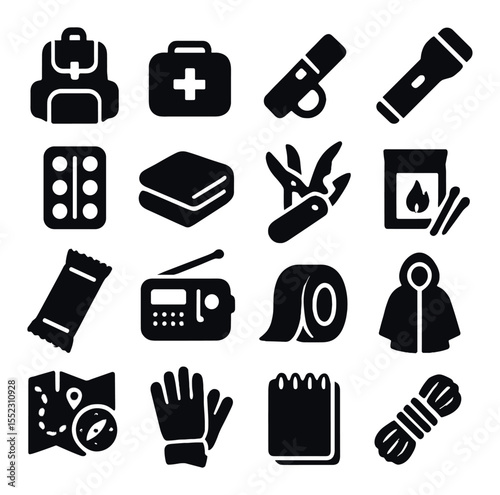 Basic survival kit contents icons in silhouette solid black-filled shapes with clean, simple : survival backpack, first aid pouch, emergency whistle, LED flashlight, water purification tablets,