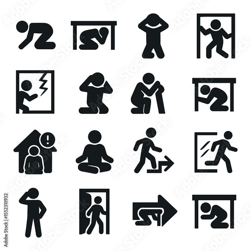 Earthquake safety actions icons in silhouette solid black-filled shapes with clean, simple : drop cover hold icon, under table shelter, protect head gesture, doorway brace position, stay away