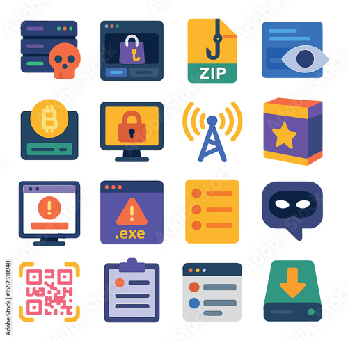 Cybercrime scene elements icons in modern flat vector in minimalistic vibrant color design: breached server icon, dark web marketplace view, phishing kit zip, hidden forum post, crypto wallet
