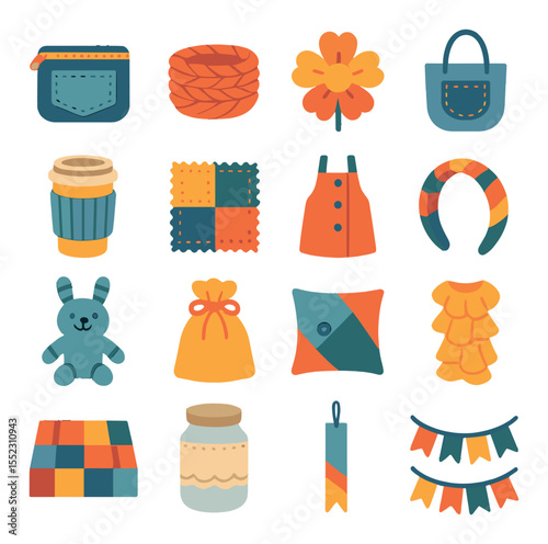 Upcycled fabric crafts icons in modern flat vector in minimalistic vibrant color design: denim patch pouch, t-shirt yarn basket, fabric scrap flower, old jeans tote bag, sweater sleeve coffee