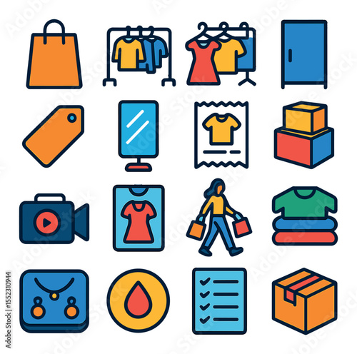 Shopping day finds icons in modern flat vector in minimalistic vibrant color design: paper shopping bag, full clothing rack, hangers with outfits, fitting room door, price tag icon, try-on