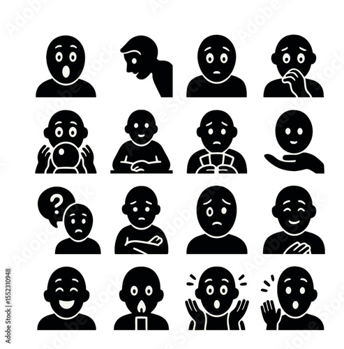 Client experiences and reactions icons in silhouette solid black-filled shapes with clean, simple : shocked expression, curious face leaning in, hopeful gaze, nervous hand fidget, wide eyes at