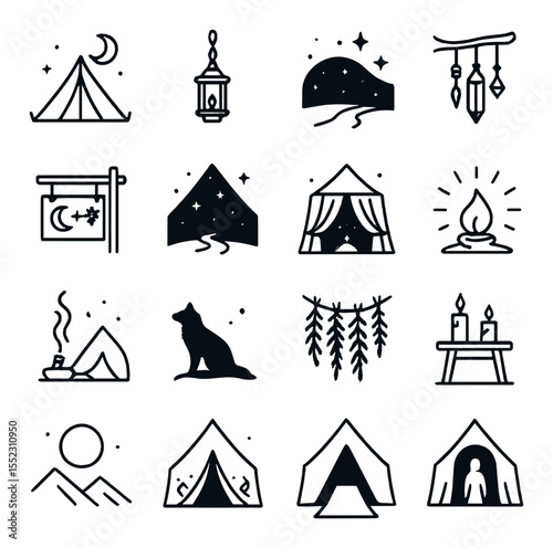 Tent exterior and atmosphere icons in minimalistic line art : moonlit fabric tent, hanging lantern chain, starry night sky backdrop, crystal wind chimes, welcome board with symbols, sand path to
