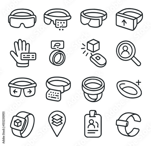 AR-enhanced work wearables icons in minimalistic line art : augmented reality headset, holographic task glasses, see-through display visor, spatial instruction band, gesture-recognition gloves,