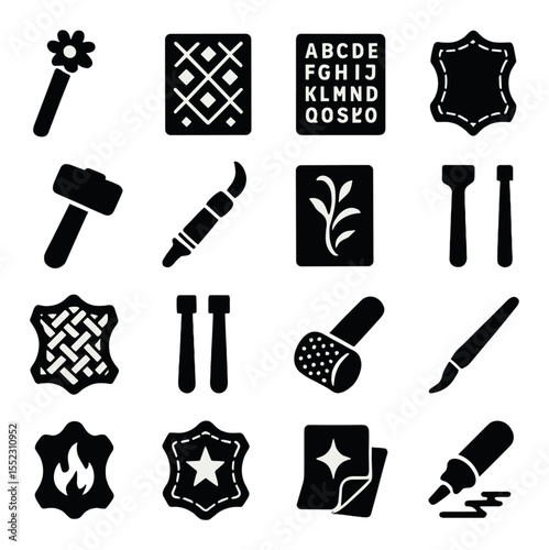 Leather stamping and decoration icons in silhouette solid black-filled shapes with clean, simple : floral stamp tool, geometric pattern plate, alphabet stamping set, custom logo die, stamping