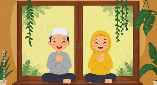 Two Happy Children Praying Together by the Window, Sharing a Joyful Moment