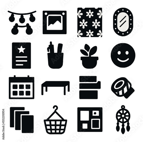 Decorated locker interior icons in silhouette solid black-filled shapes with clean, simple : string lights, magnetic photo frame, patterned wallpaper sheet, mirror with LED border, motivational