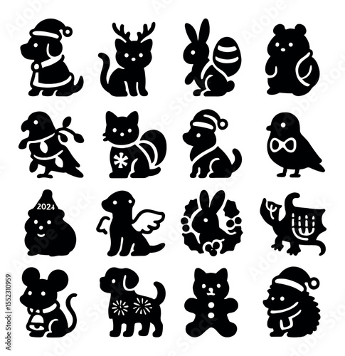 Holiday-themed costumes icons in silhouette solid black-filled shapes with clean, simple : dog in Santa suit, cat in reindeer antlers, bunny with Easter egg backpack, hamster in pumpkin hoodie,