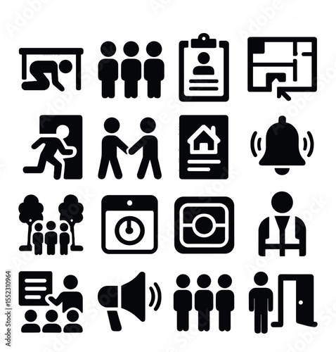 School earthquake drill steps icons in silhouette solid black-filled shapes with clean, simple : duck under desk, student safety row, teacher headcount clipboard, school evacuation map, hall