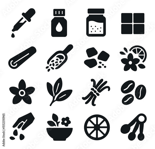 Scent and color additives icons in silhouette solid black-filled shapes with clean, simple : fragrance oil dropper, essential oil bottle, mica powder jar, color block for wax, cinnamon stick