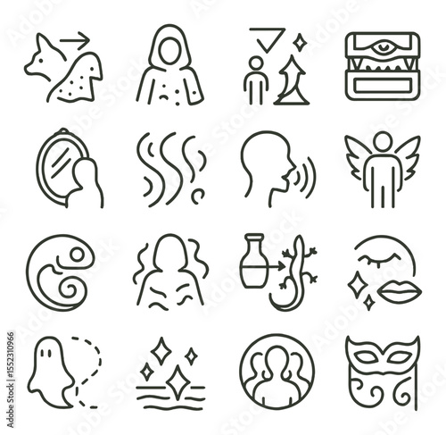 Transformation spells pages icons in minimalistic line art : animal morph glyph, invisibility veil sketch, size change rune, mimic form sigil, mirror reflection chant, illusion script, voice