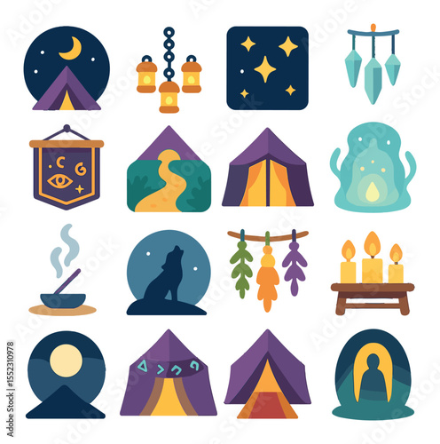 Tent exterior and atmosphere icons in modern flat vector in minimalistic vibrant color design: moonlit fabric tent, hanging lantern chain, starry night sky backdrop, crystal wind chimes,