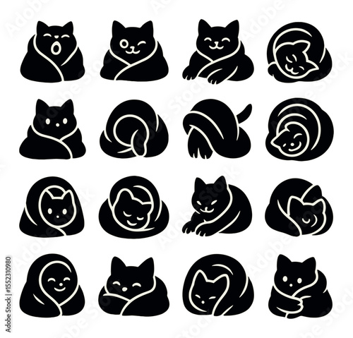 Cozy blanket moods icons in silhouette solid black-filled shapes with clean, simple : cat yawning in blanket, cat sleeping with one eye open, cat smiling under covers, cat stretching inside
