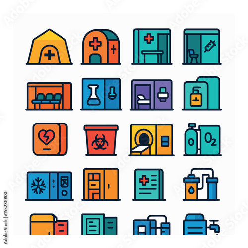 Emergency and medical units icons in modern flat vector in minimalistic vibrant color design: field clinic module, first aid pod, triage station, vaccination booth, modular waiting area,